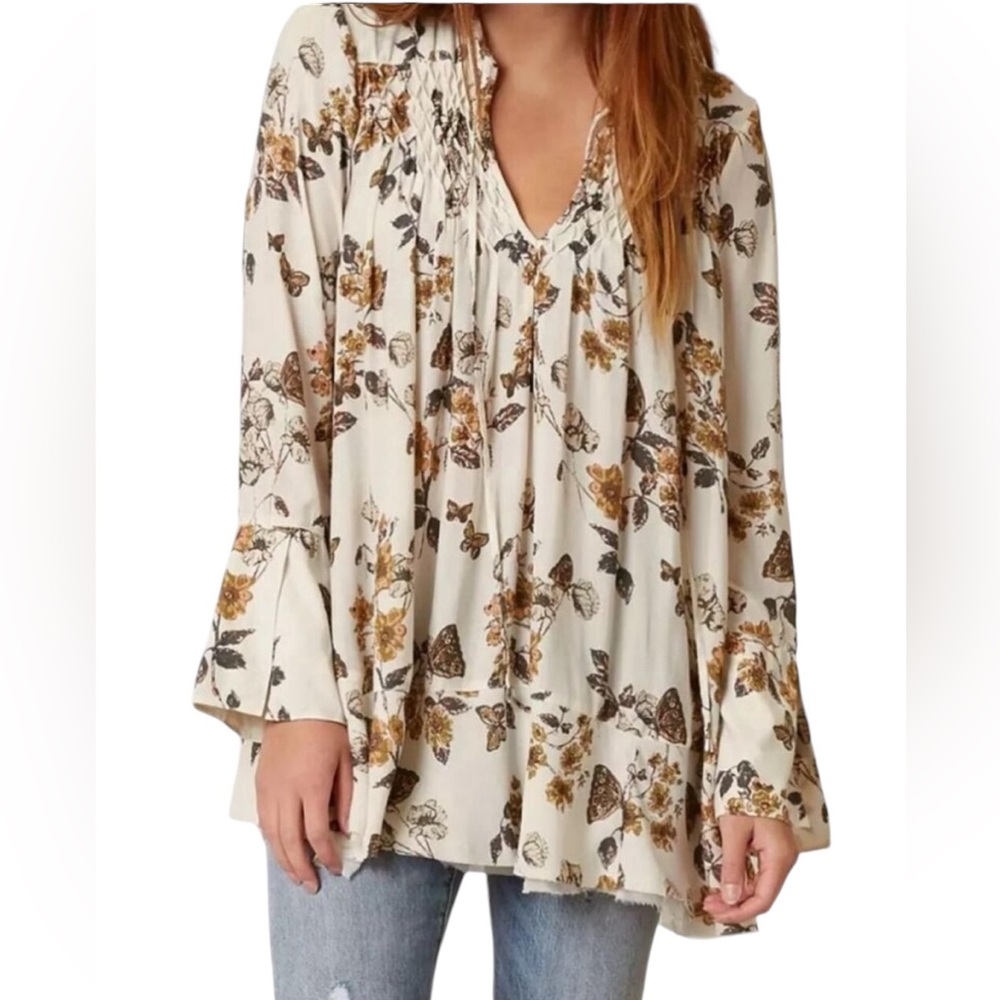Free People cream tan floral fall boho top festival cowgirl rodeo western size M